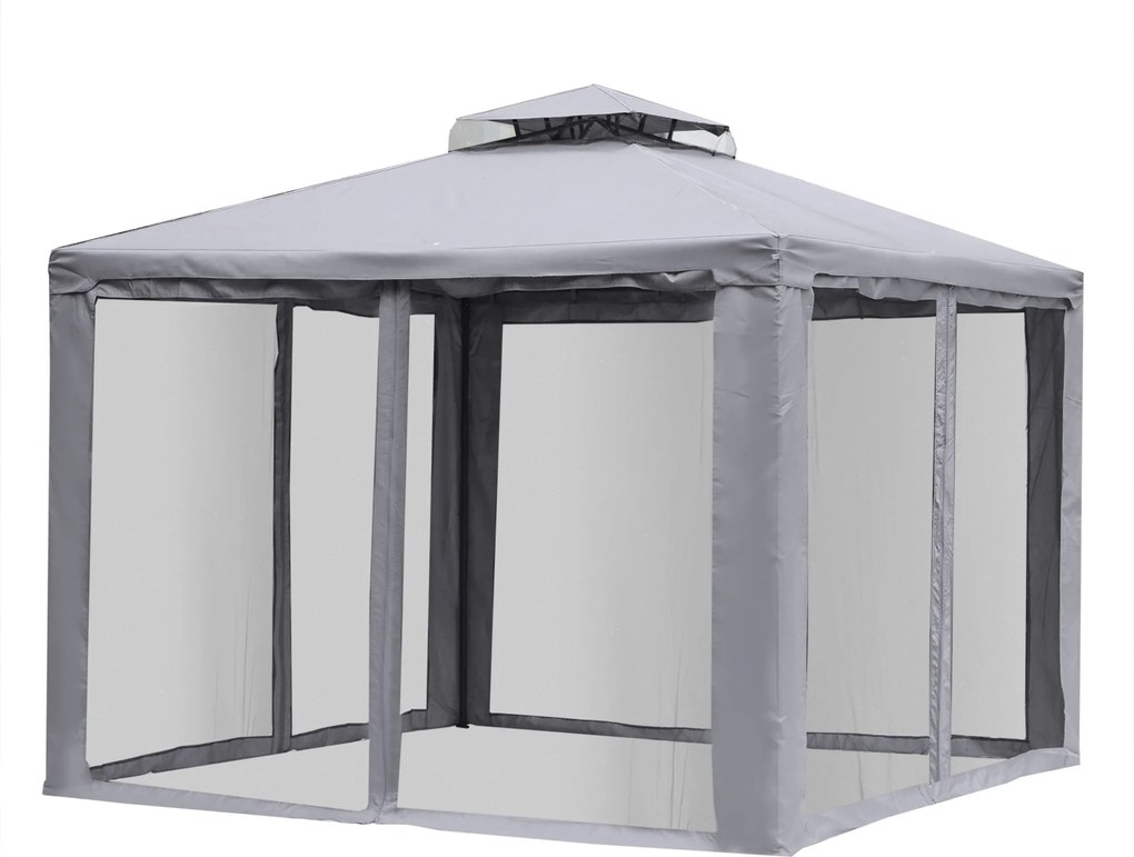 Outsunny Pavilon Két Réteges Tetővel, Körülbelül 3x3 m Vízálló Téli Pavilon Szúnyoghálóval, Oldalsó Panelek, Fém Kertipavilon, Kerthez, Teraszhoz, Vil