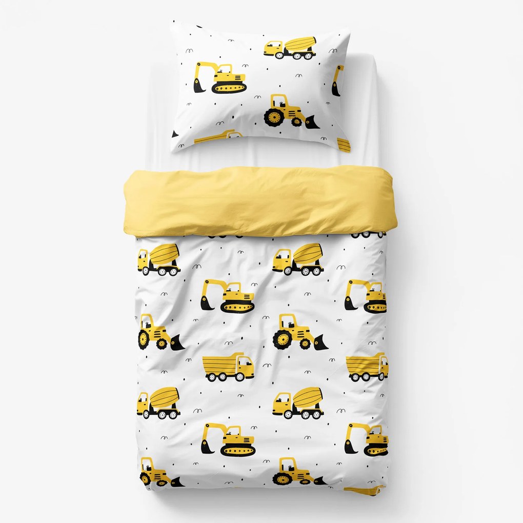 Goldea gyermek pamut ágyneműhuzat duo - kotrógépek és építkezési eszközök, sárga hátoldal 140 x 200 és 70 x 90 cm