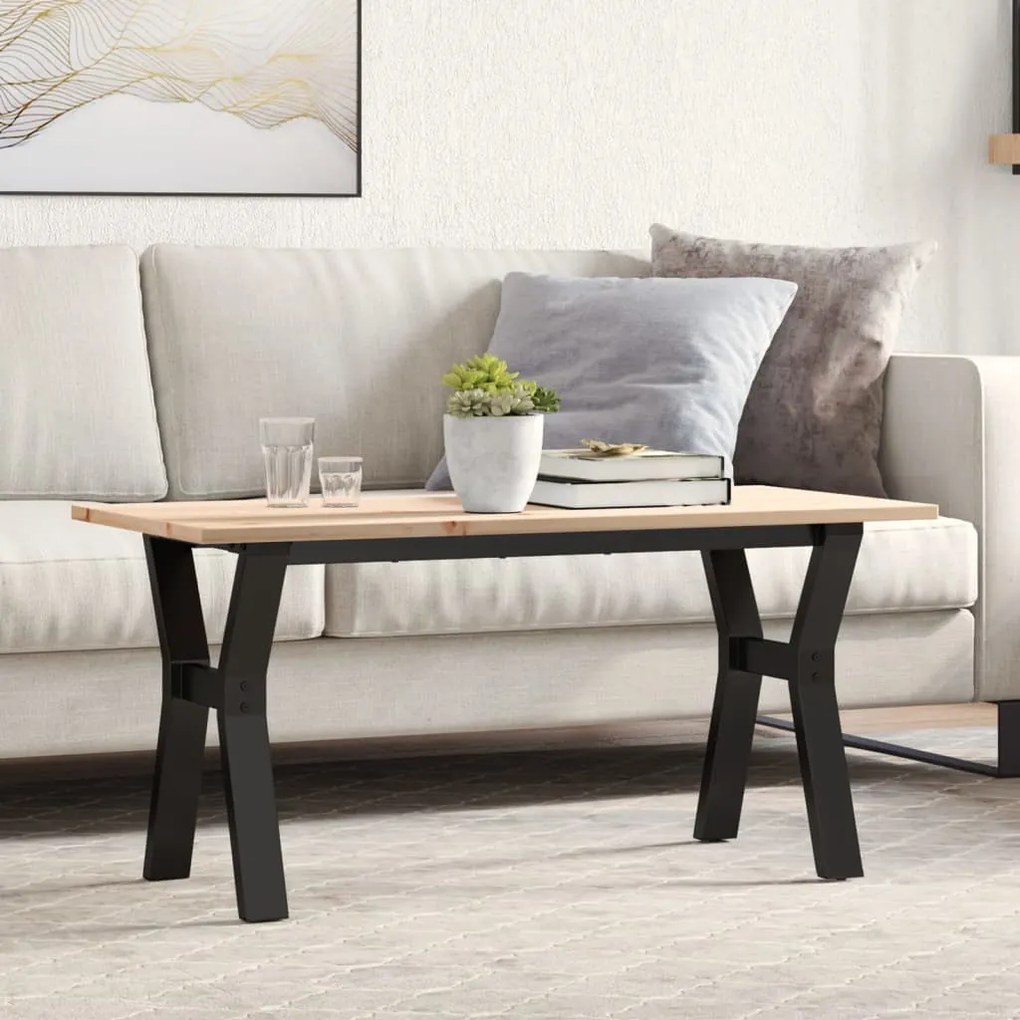 tömör fenyőfa és öntöttvas dohányzóasztal Y-vázzal 100x50x45 cm