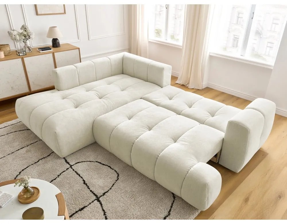 Bézs kinyitható-tárolóhelyes sarokkanapé (bal oldali-L alakú) Fuji – Bobochic Paris