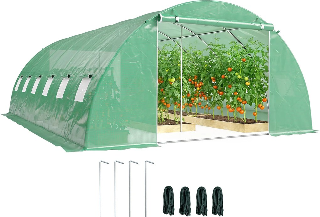 Outsunny kültéri alagút üvegház 6 x 4 x 2 m – 2 merevítő rúddal, feltekerhető ajtókkal, hálós ablakokkal, PE takaróval és horganyzott acél vázzal, UV-
