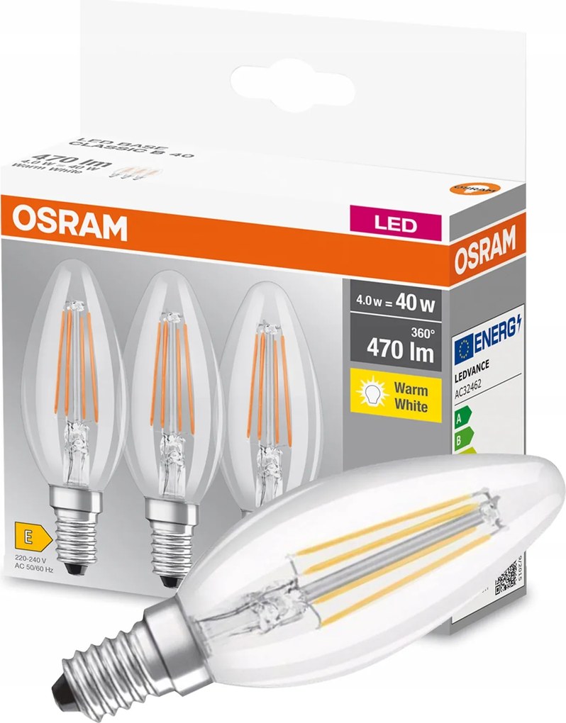 3x Led izzó E14 B35 4W 40W 470lm 2700K Meleg 300° Filament Osram