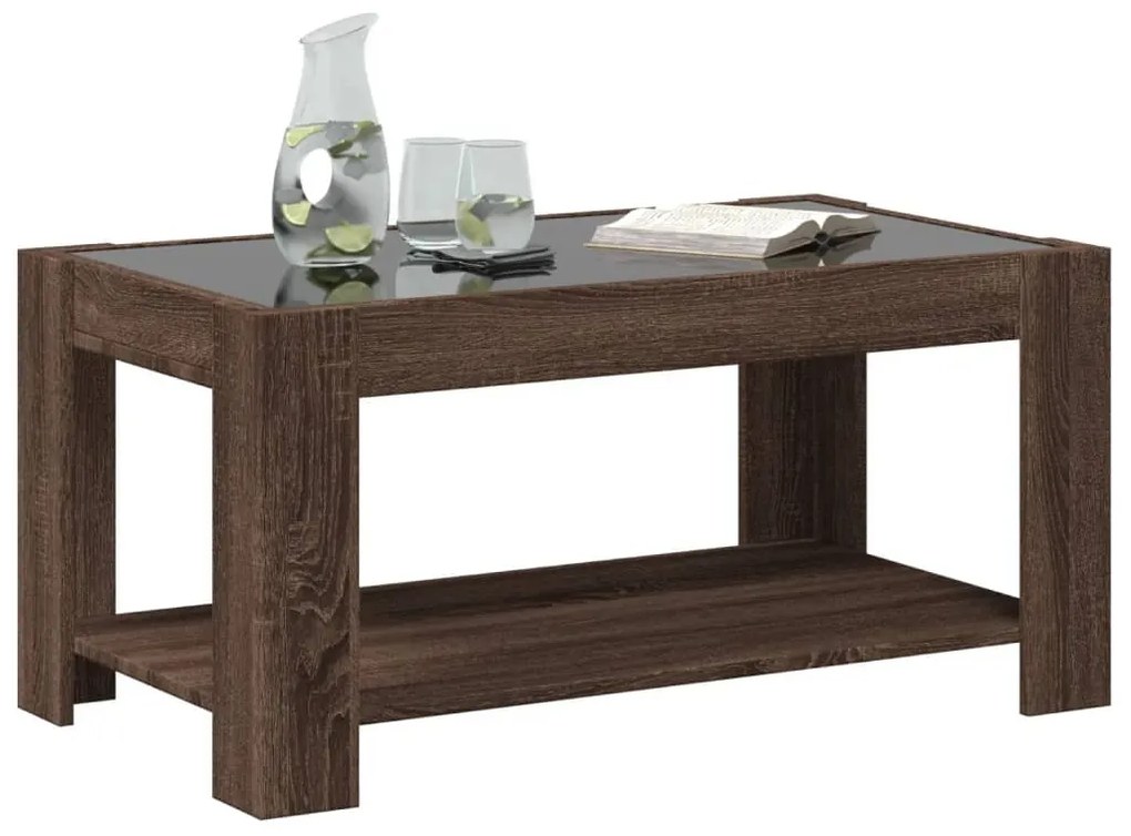 Barna tölgy szerelt fa dohányzóasztal LED-del 93 x 53 x 45 cm
