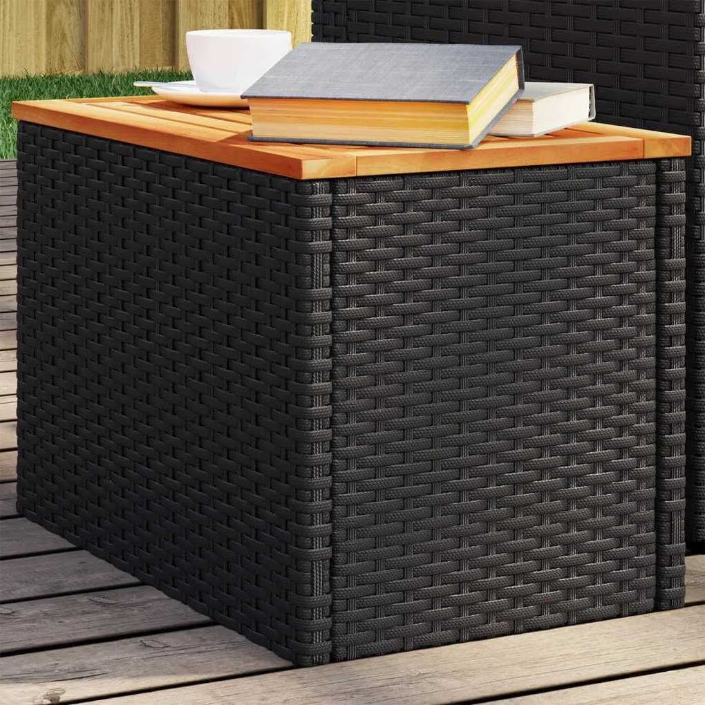 vidaXL 2 db fekete polyrattan és tömör fa kerti kisasztal 55x34x37 cm