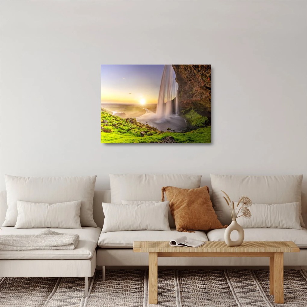 Üveg kép - Seljalandsfoss a barlang mögül (70x50 cm)