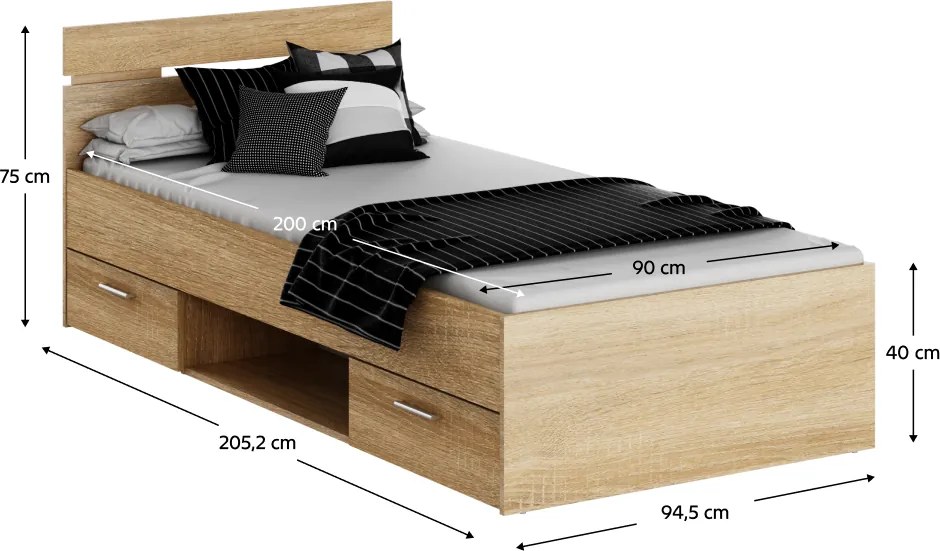 Ágykeret, 90x200, sonoma tölgyfa, MICHIGAN NEW