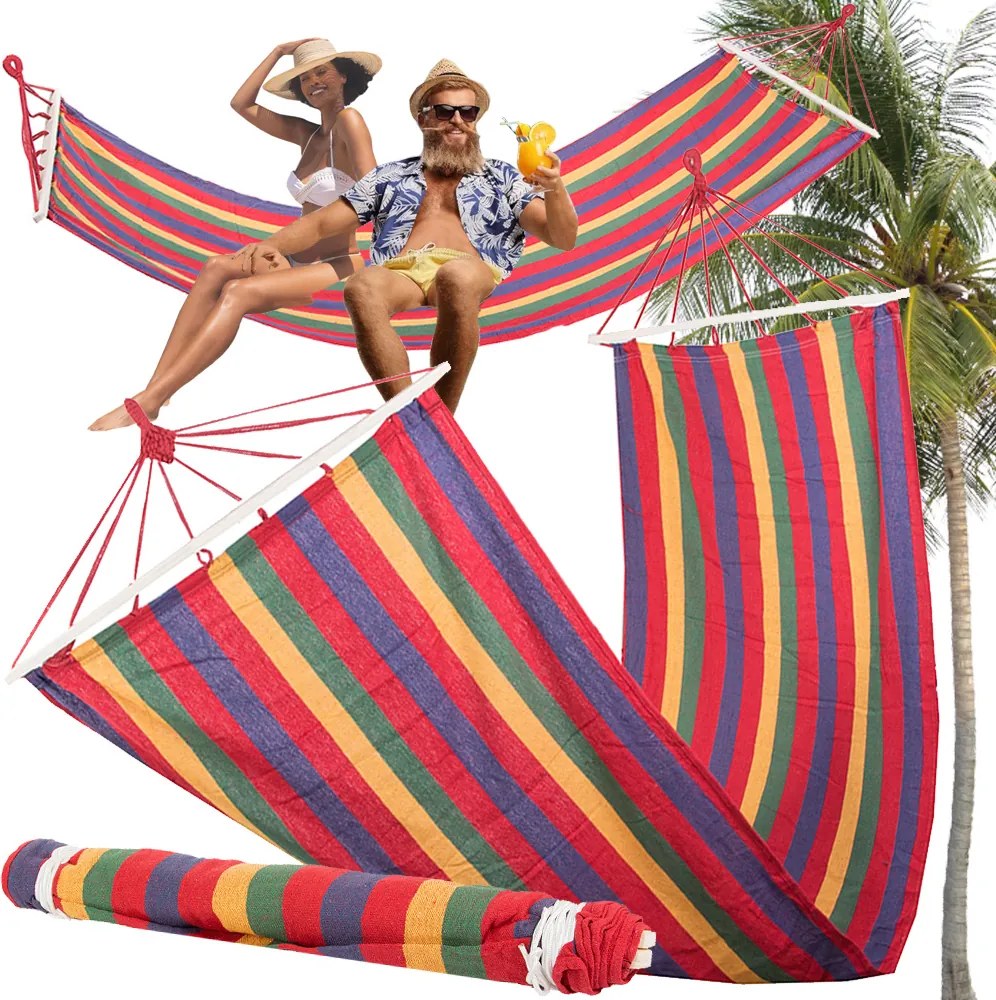 Csíkos erősített kerti függőágy színes fa hinta 200 x 80