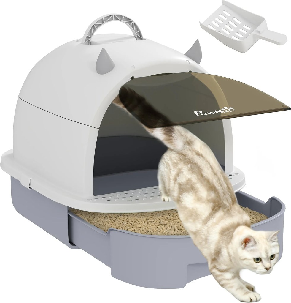 PawHut Zárt Macskaalom Tálca Leszorítós Macskaalom Edény Leszerelhető Fedéllel Leszerelhető Tálcával Szénszűrővel Kanállal és Felső Fogantyúval 40.5x5