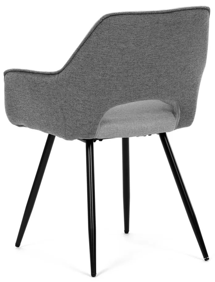 Scaun de sufragerie modern, în stil industrial, tapițerie din material gri, picioare din metal negru.