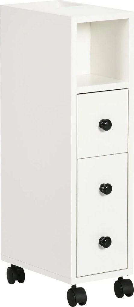 kleankin Fürdőszobaszekrény Kerekekkel, Segéd Fürdőszobaszekrény, Nyitott Polcos Ajtóval és Fiókkal, Kis Helyigényű 18x30x68.5 cm Fehér | Aosom