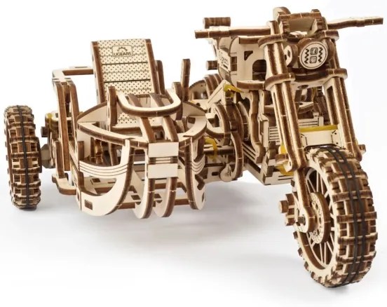 Ugears - 3D fa mechanikus puzzle Scrambler motorkerékpár kocsival