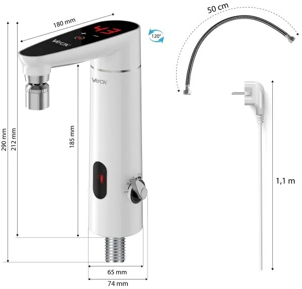 Érintős vízmelegítő LED kijelzővel, 3000W/230V, IPX4, fehér