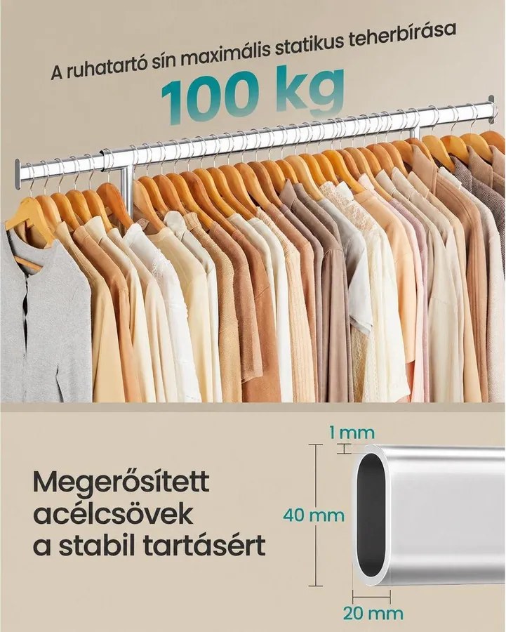 Gurulós ruhatartó kihúzható 92–132 cm-es ruharúddal, 90 kg, ezüst