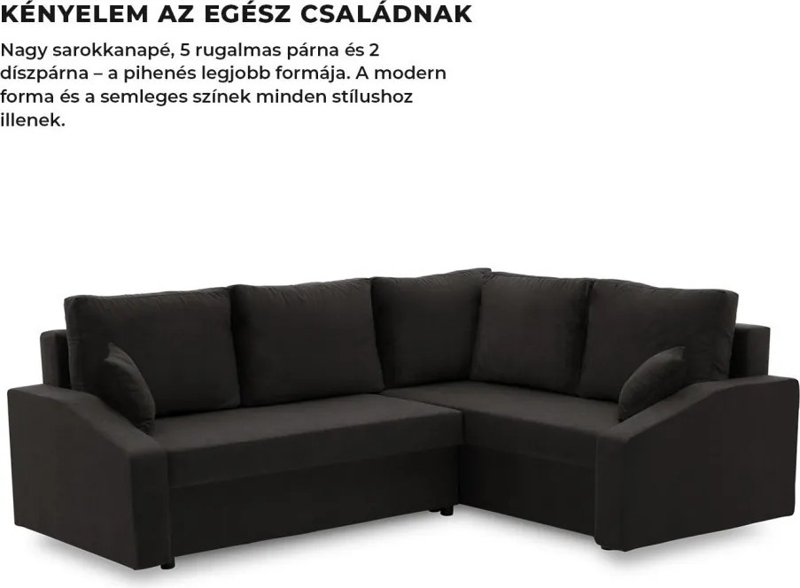 Grande Plus sarokkanapé, jobboldali, szövet anyag, fekete