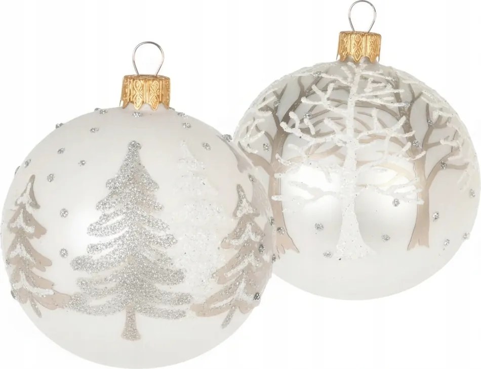 2 darabos szett Üveg karácsonyi gömb fákkal, fehér/gyöngy (8 cm)