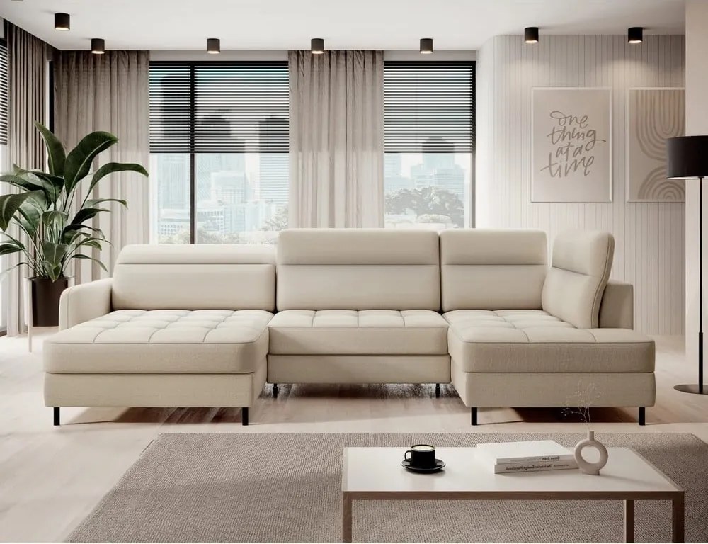 Bézs bársony kinyitható-tárolóhelyes sarokkanapé (jobb oldali-U alakú) Berrto – ELTAP