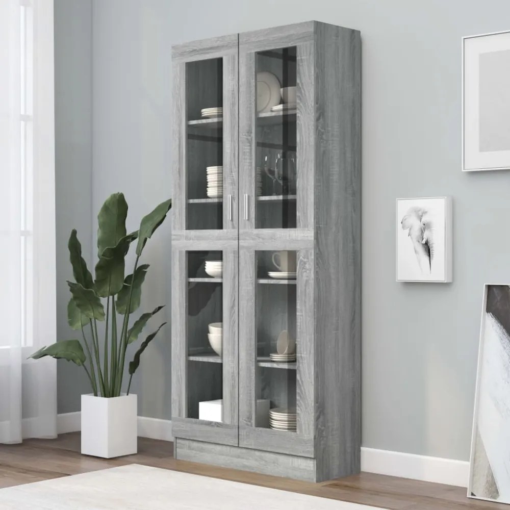 szürke sonoma szerelt fa vitrinszekrény 82,5x30,5x185,5 cm