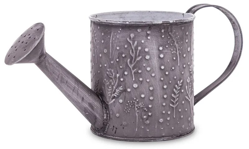 Klasszikus kerti sötétszürke kerek fém locsolókanna domború növény mintákkal 13x11,5x28cm