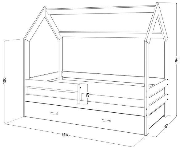 Gyerekágy HÁZIKÓ D3 fehér 80 x 160 cm Matrac: COCO 10 cm matraccal, Ágyrács: Lamellás ágyráccsal, Ágy alatti tárolódoboz: Fenyőfa tárolódoboz