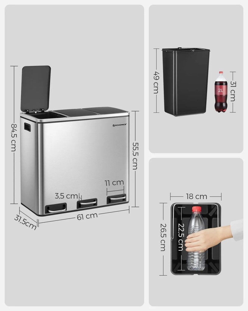 Szelektív szemeteskuka 3x18L, ezüst