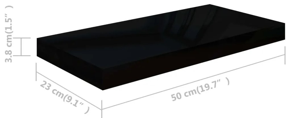 2 db magasfényű fekete MDF lebegő fali polc 50 x 23 x 3,8 cm