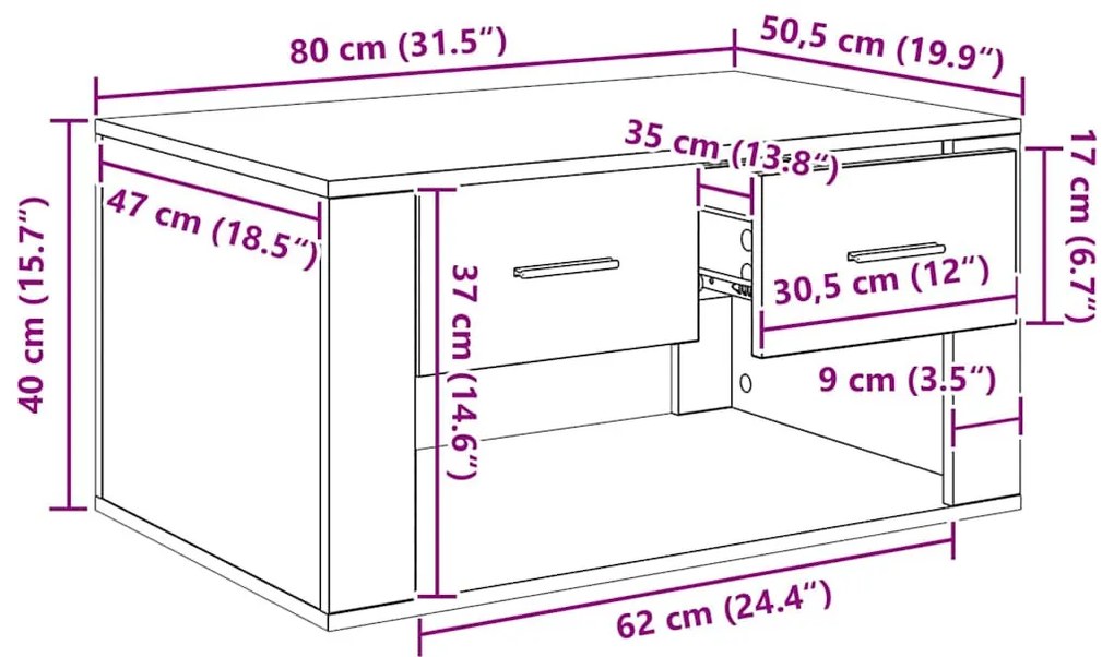 vidaXL Dohányzóasztal fiókkal Öreg fa 80 x 50 x 40 cm Faanyag