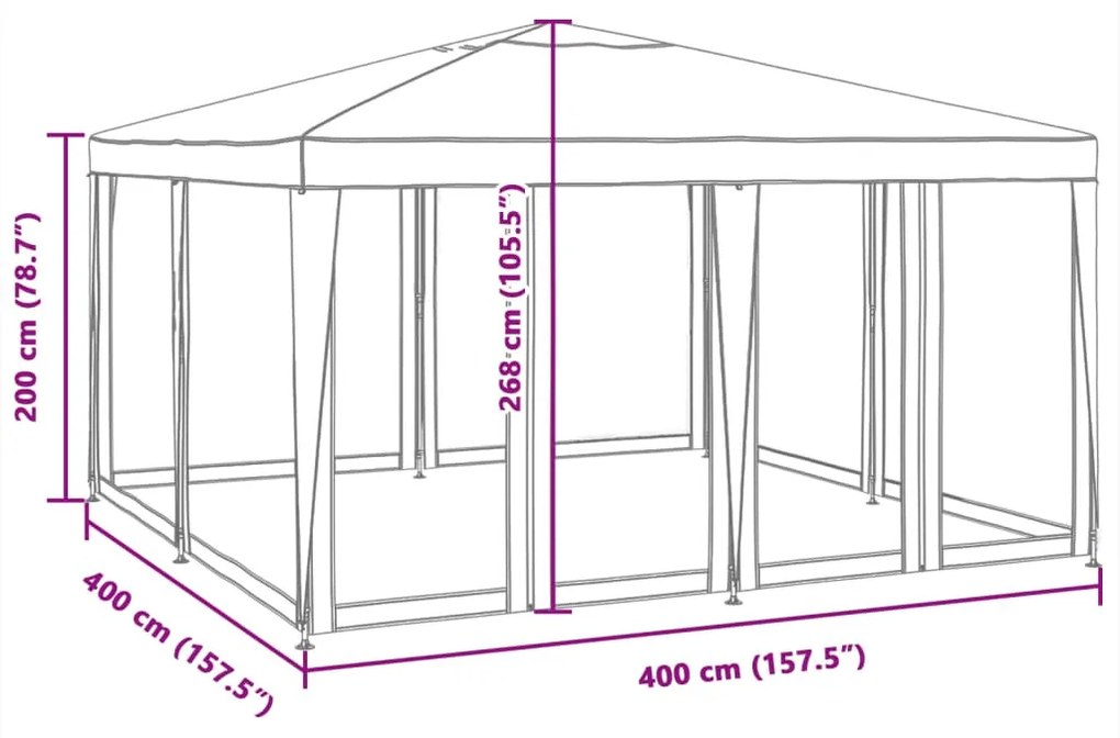 piros HDPE rendezvénysátor 8 hálós oldalfallal 4 x 4 m