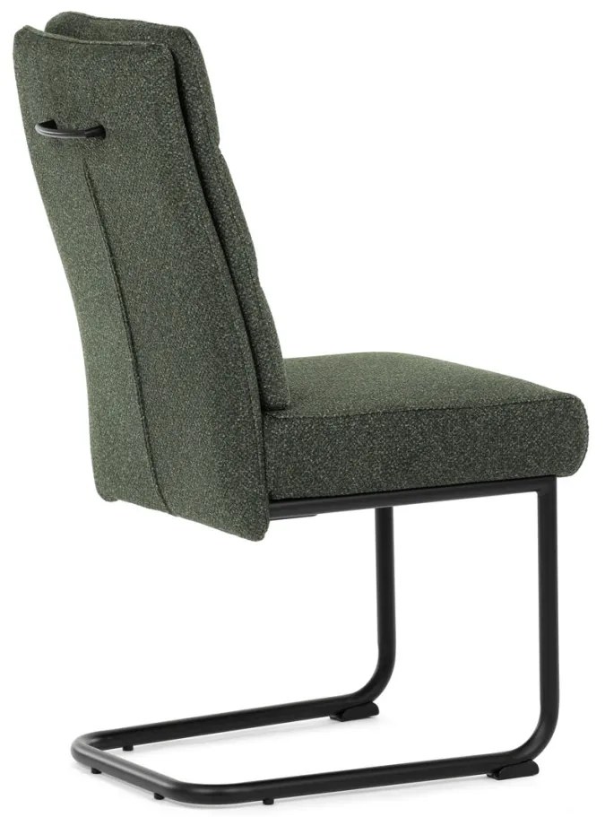 Scaun de sufragerie cu bază de sanie, șezut cu arcuri imbunătațite, mîner pe spătar, material verde, metal negru