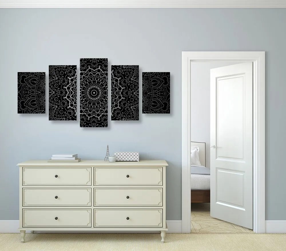 5 részes kép vintage Mandala indiai stílusban fekete fehérben