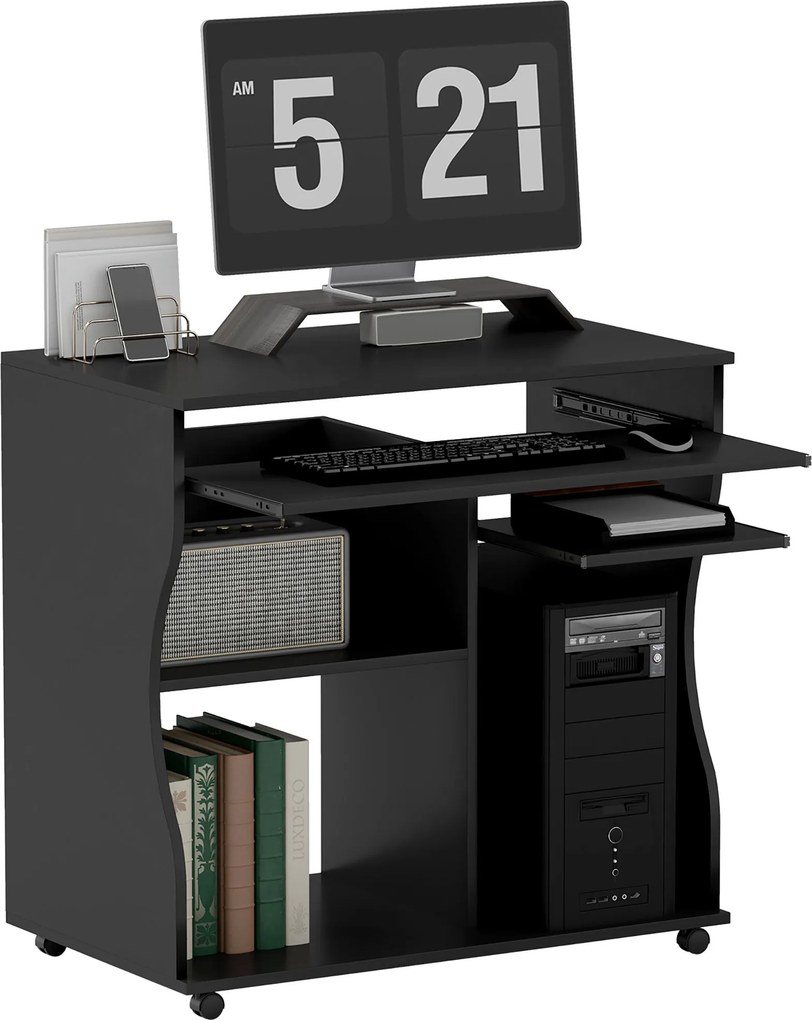 HOMCOM Görgős Asztal 80 x 48 cm Számítógép Asztal Monitor Tartóval, Billentyűzet Tálcával, Tárolópolccal, PC Asztal Otthoni Irodához, Hálószobába - Fe