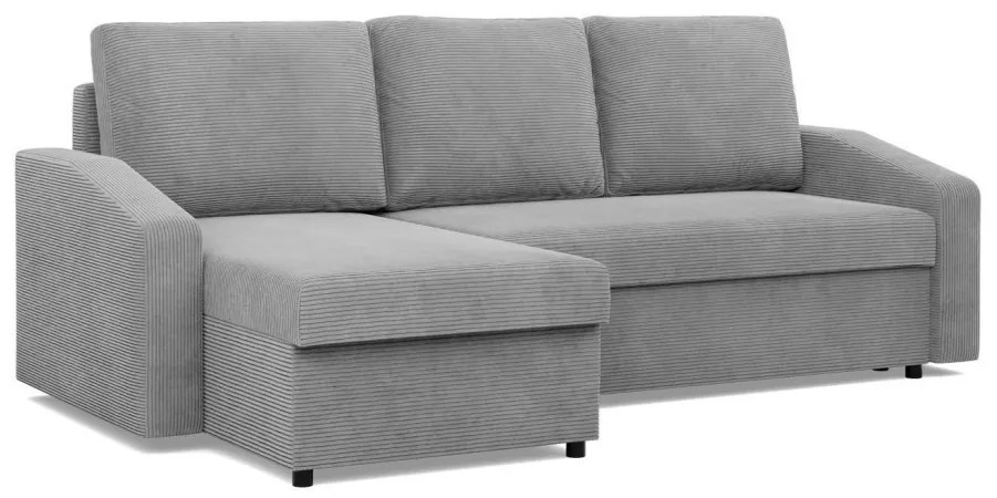 Zeus sarokkanapé, 2 ágyneműtartóval, döntött kartámasz, kordbársony, univerzális oldal, bonell töltet, szürke