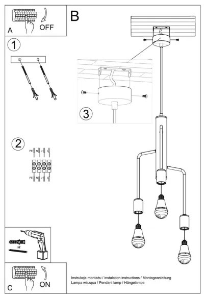 Csillár zsinóron DUOMO 3M 3xE27/60W/230V fekete