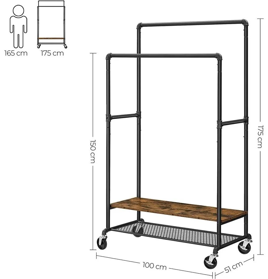 Ruhaállvány, szobainas 2 rúddal 100 x 150/175 x 51 cm, rusztikus barna