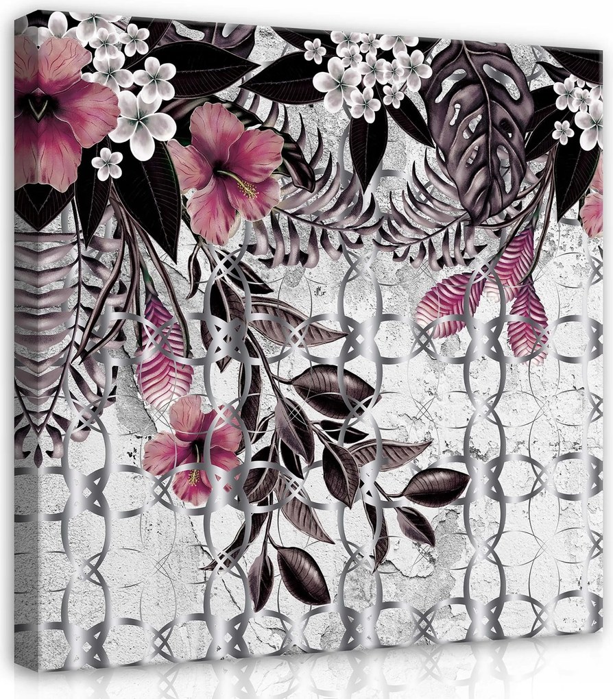 Vászonkép 80x80 Trópusok virágok levelek minta rózsaszín bordó természet művészet
