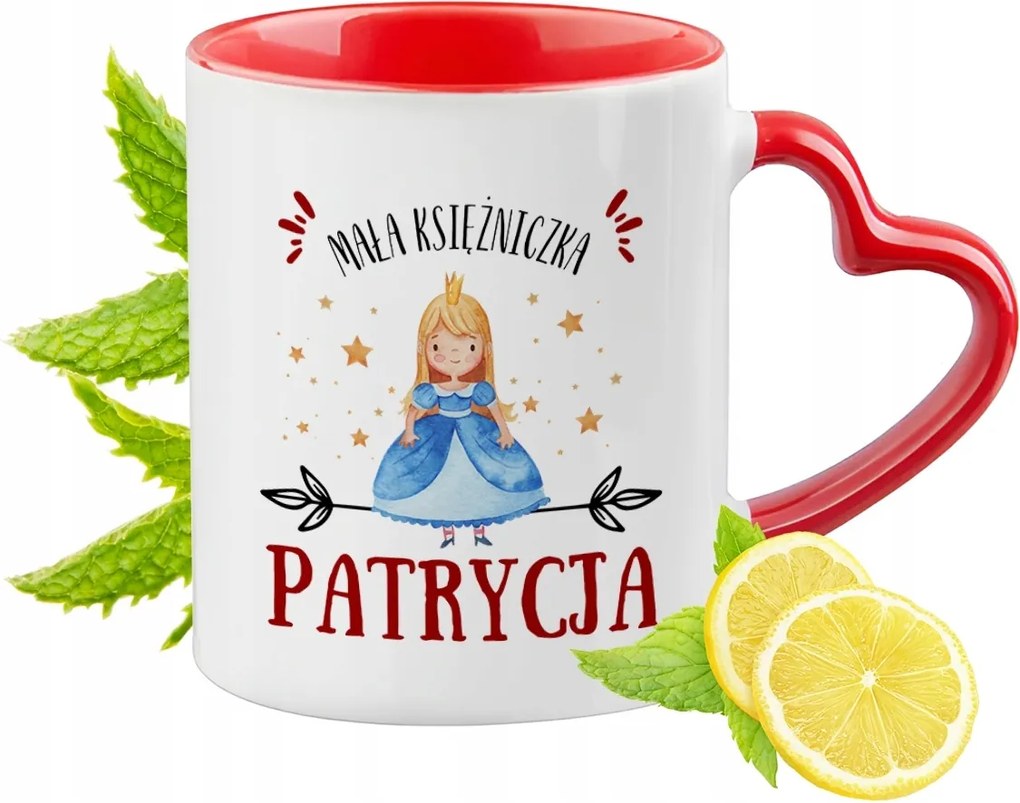 Piros bögre szív alakú füllel Patríciának Ajándék