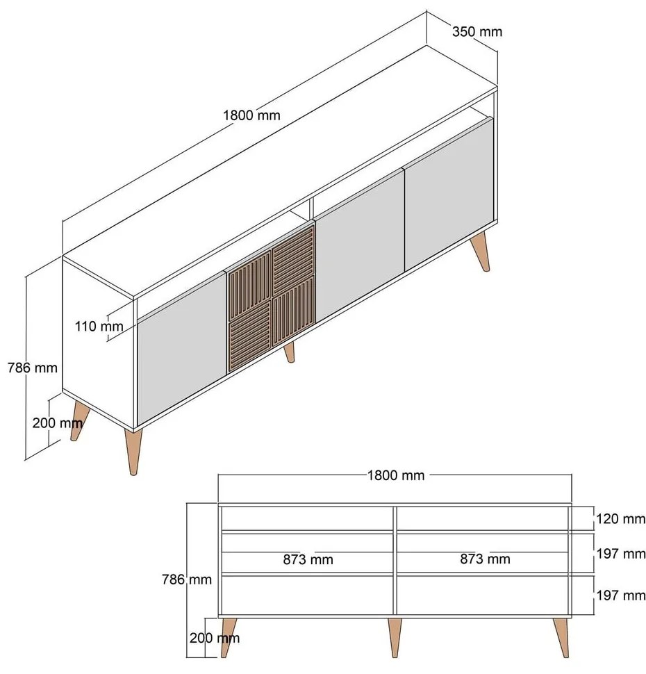 Antracitszürke-natúr színű alacsony komód diófa dekorral 180x79 cm Milan – Kalune Design