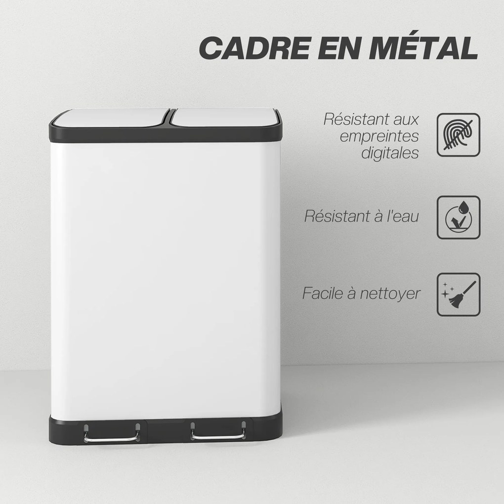 HOMCOM Konyhai Szemetes 2 x 30L Rozsdamentes Acél Pedálos Szemetes Kétrekeszes, Lassan Csukódó Fedéllel, Kivehető Belső Vödrökkel, Hulladék és Újrahas