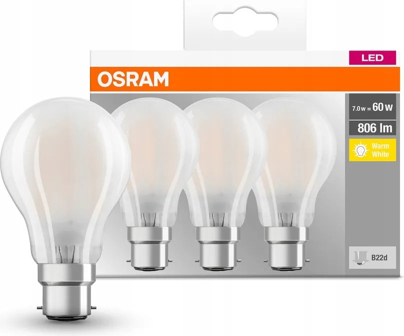 3x Led izzó A60 B22d 6,5W 60W 806lm 2700K Meleg fehér Filament Osram