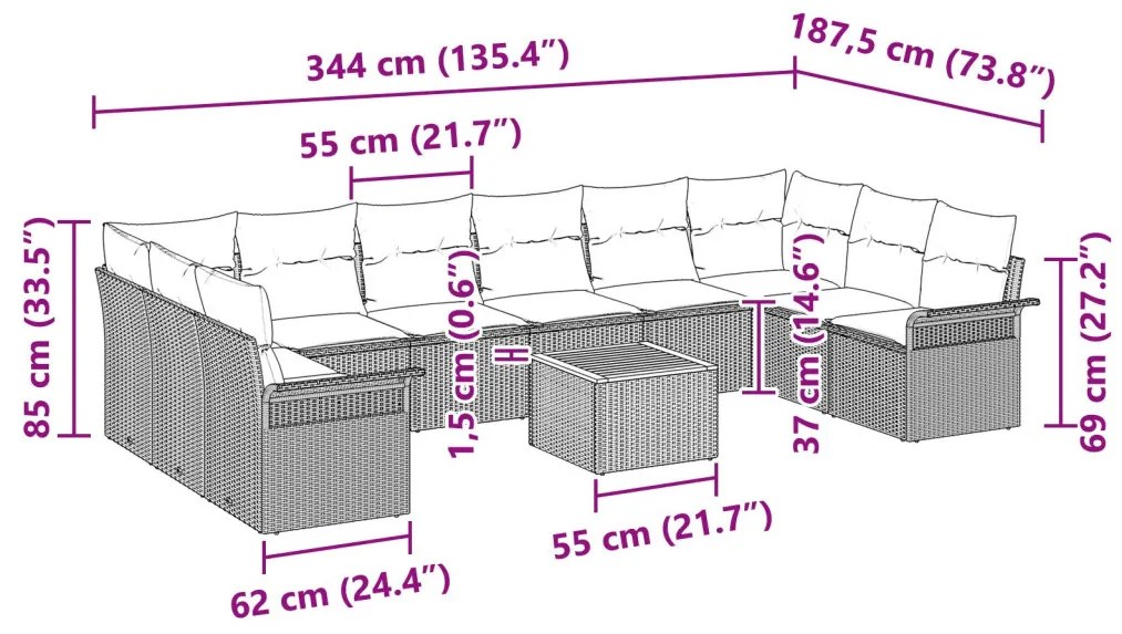 11 Darabos Kertibútor Szett Párnákkal Bézs Poly Rattan Akácia