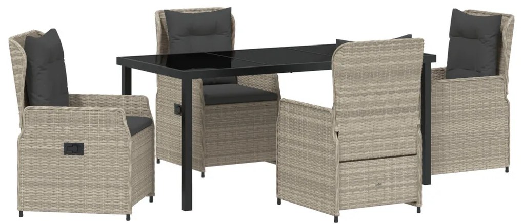 5 darabos Kerti Étkezőszett Világosszürke Poli Rattan, Kerti Asztal Fekete 160x80x73 cm Edzett Üveg