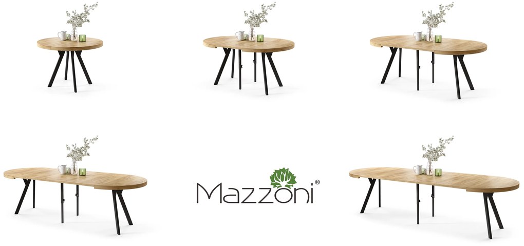 Mazzoni VITO Anyagminta Arany Tölgy/fekete lábak - LOFT/IPARI STÍLUSÚ 310 cm-re BŐVÍTHETŐ NAGY KEREK ASZTAL Ø110 Y LÁBAKKAL
