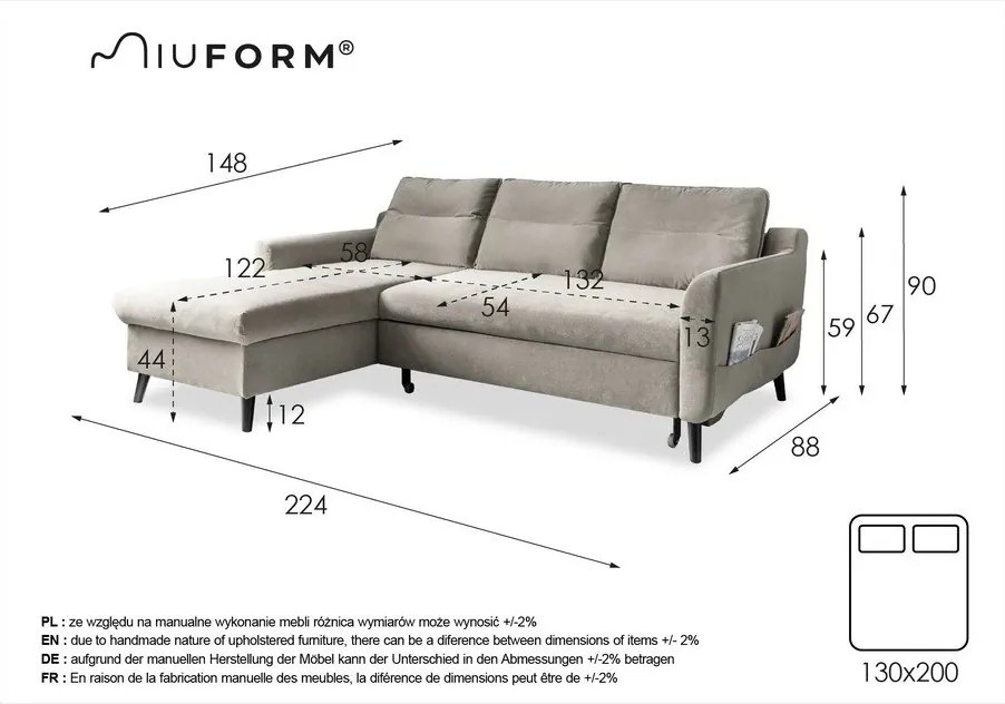 Stylish Stan sötétkék kinyitható bársony sarokkanapé, bal oldali - Miuform