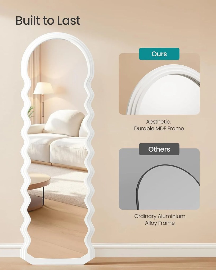 SONGMICS álló tükör, hullámos formájú padlótükör állvánnyal, 160 x 50 cm, fehér