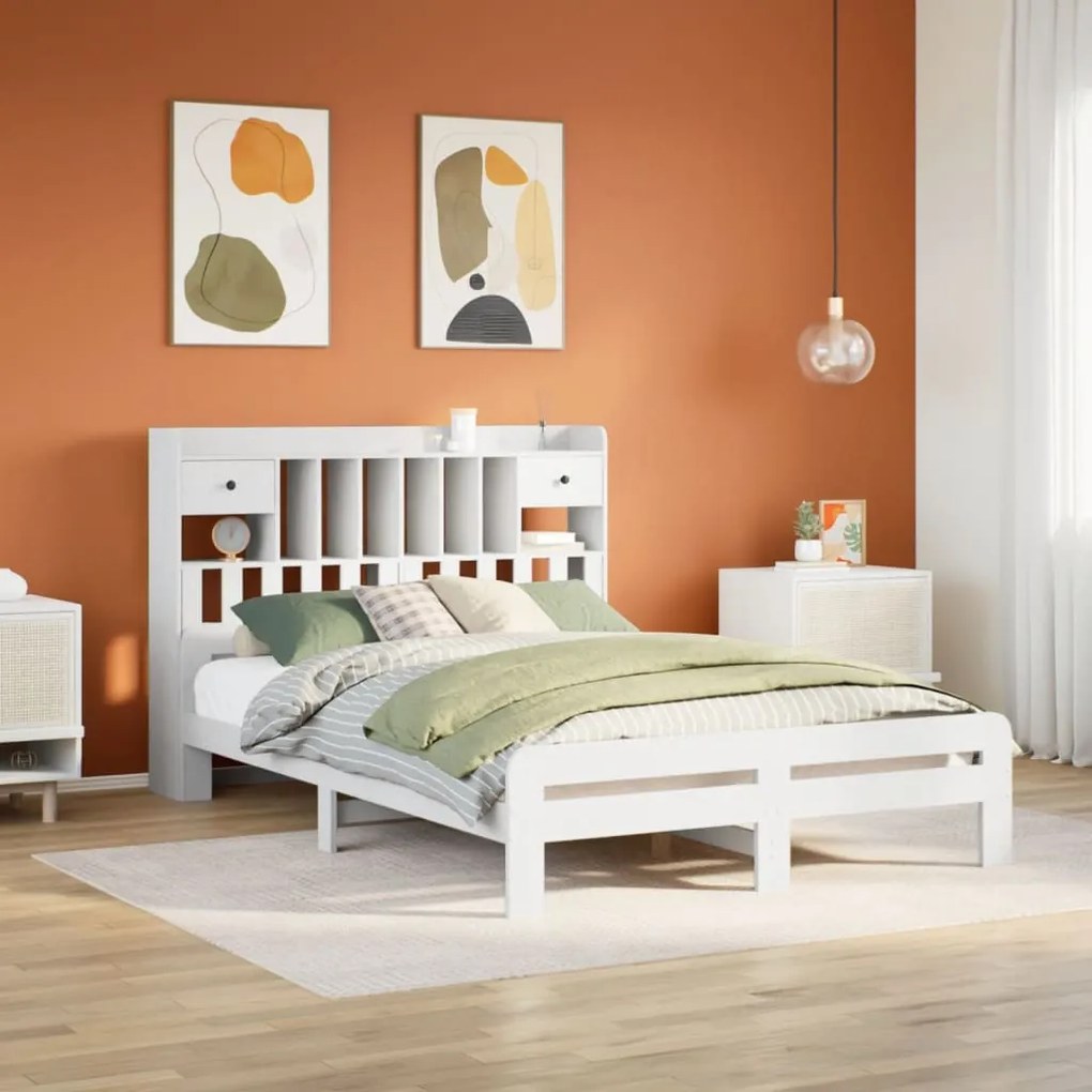 fehér tömör fenyőfa könyvespolcos ágy matrac nélkül 160x200 cm