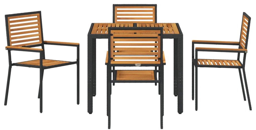 5 darabos kerti étkező szett fekete polyrattan akáccal, rakható kerti székek párnákkal 2 db fekete polyrattan