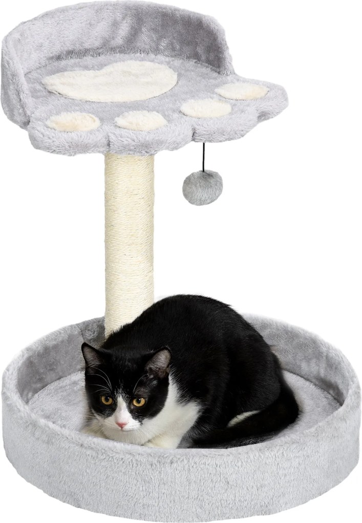 PawHut Macska Kaparófa 5 kg-os Macskáknak Ágyakkal és Labdával, Macska Tornaterem Plüss Borítással és Kender Kötéllel, 41x41x44 cm, Világosszürke | Ao