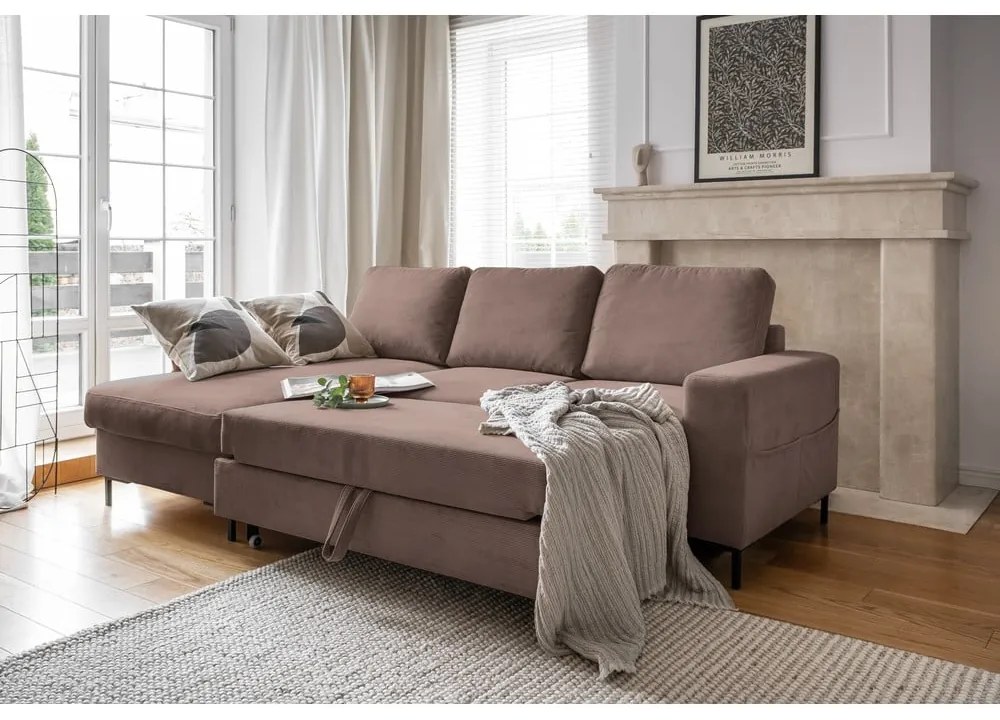 Barna kordbársony kinyitható sarokkanapé (bal oldali) Lofty Lilly – Miuform