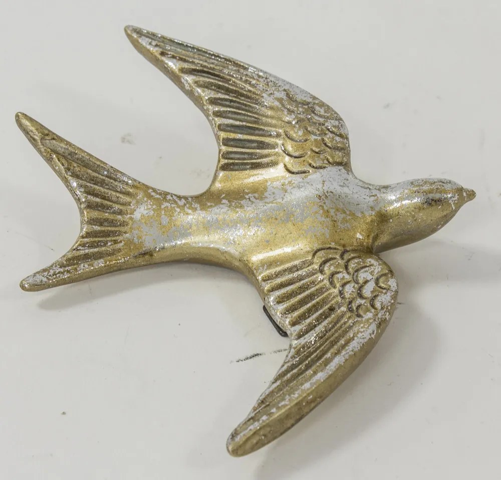 Koptatott fém fecske faldekoráció patinás óarany 14x12x3cm