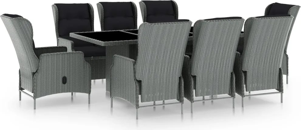 vidaXL 9 részes világosszürke polyrattan kültéri étkezőszett párnákkal