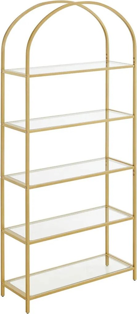 Fém tároló polc 5 szintes edzett üveg polcokkal, arany 83x30x183cm